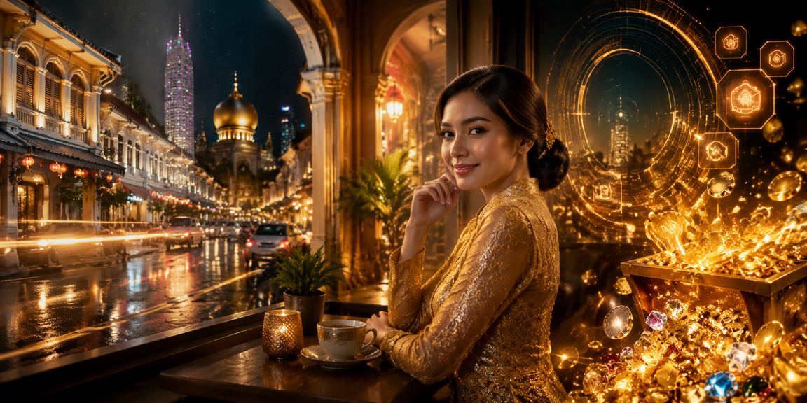 Pengguna Malaysia menyemak tiket loteri digital dengan pakaian tradisional kebaya di Kedah